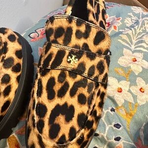 Tory Burch Animal Print Loafers with Gold Accent